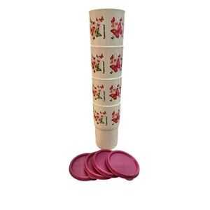Tupperware Tabletop Tumblers With Pink Liquid Tight Seal Butterfly Pattern
